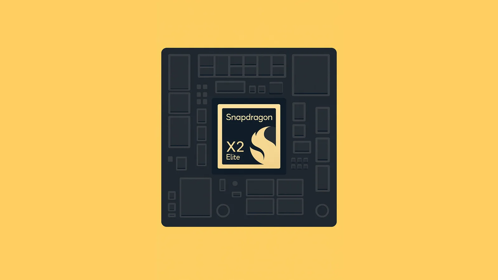 Chip Snapdragon X2 Elite pe fundal galben, simbolizând performanța în gaming.