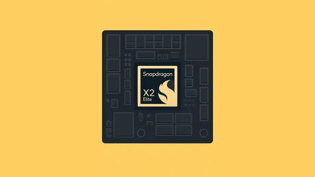 Chip Snapdragon X2 Elite pe fundal galben, simbolizând performanța în gaming.
