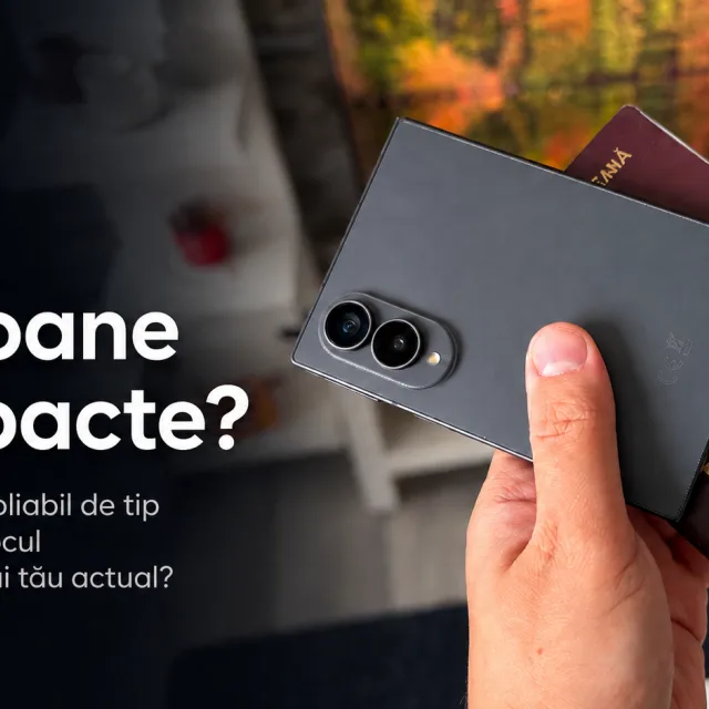 Un telefon pliabil tip pașaport, cu un card de identitate alături.