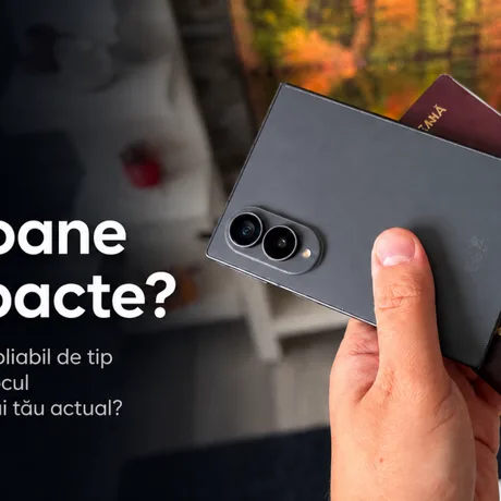 Un telefon pliabil tip pașaport, cu un card de identitate alături.