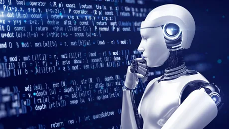 Un robot analizând coduri pe un fundal digital complex.