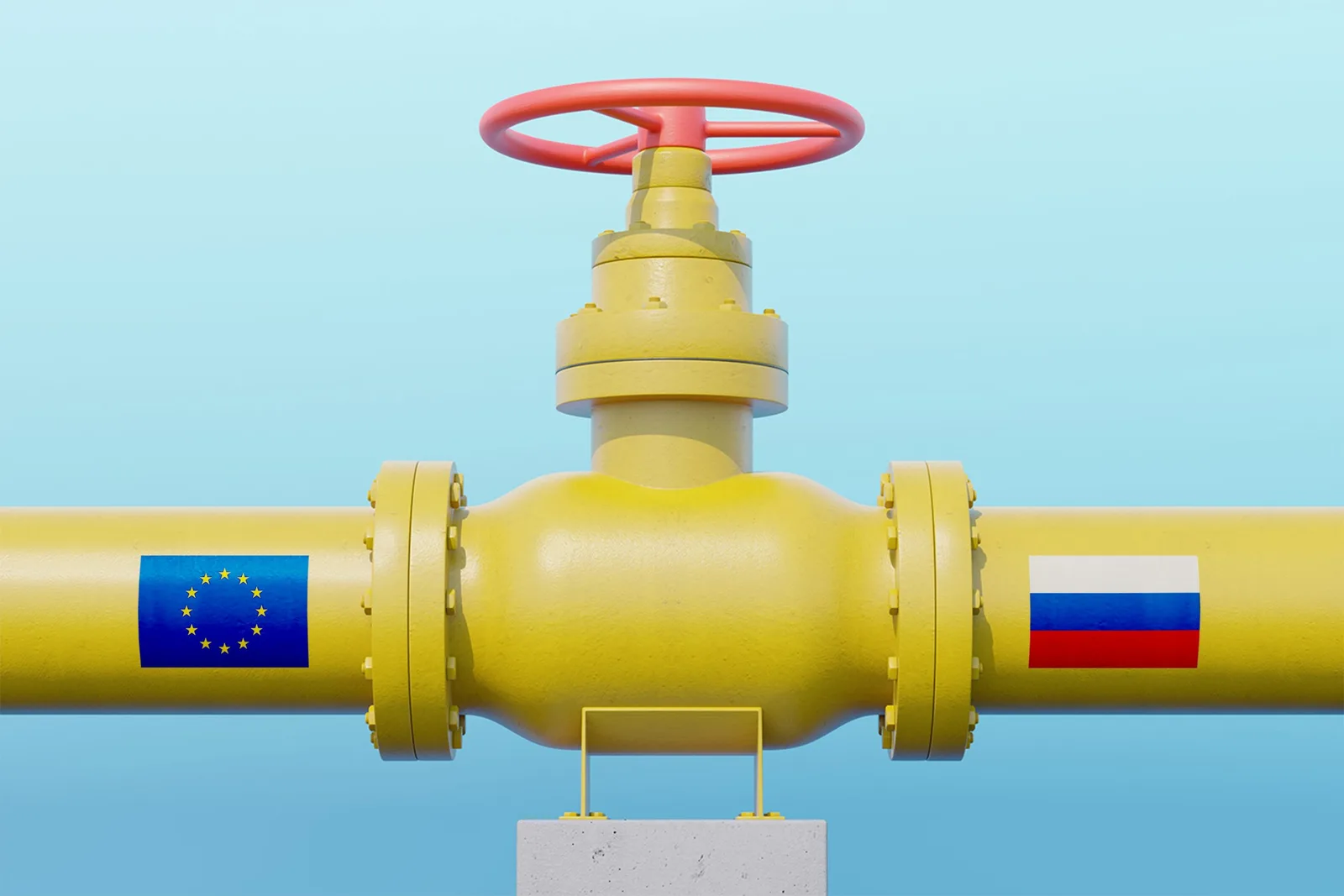Conductă de gaz cu simboluri ale Uniunii Europene și Rusiei.