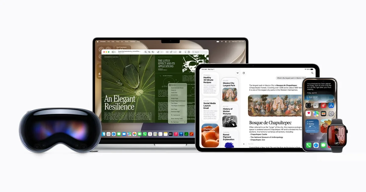Dispozitive Apple prezentate, inclusiv Mac, iPad și Apple Watch.