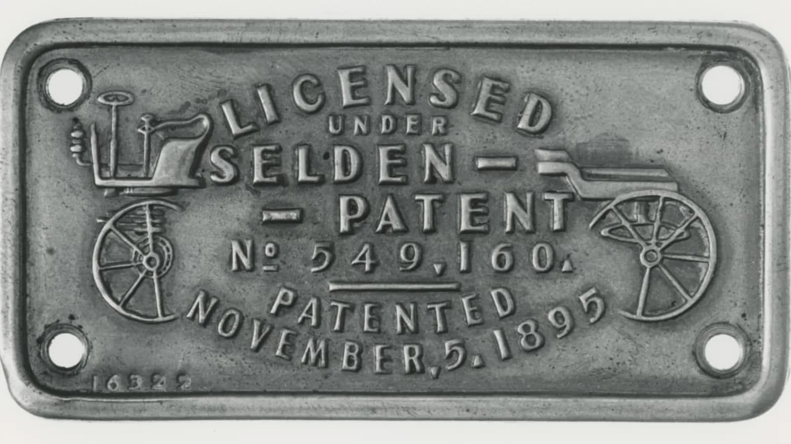 Plăcuță de licență pentru brevetul Selden, datată 1895.