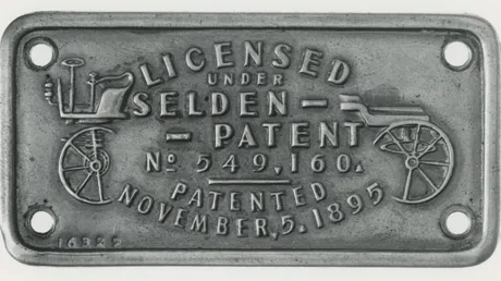 Plăcuță de licență pentru brevetul Selden, datată 1895.