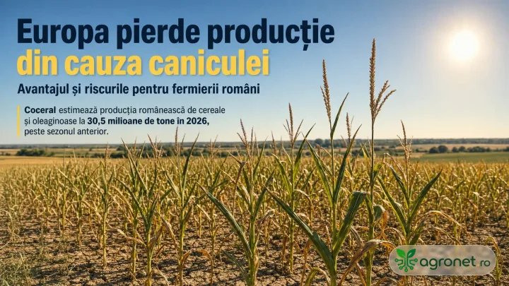 Câmp de porumb afectat de caniculă, cu plante uscate și cer senin.
