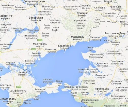 Harta Mării Azov, evidențiind rutele maritime și orașele din jur.