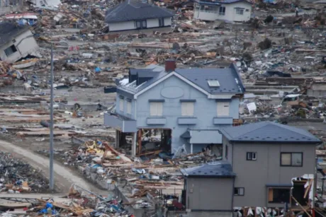 Peisaj devastat după cutremurul din Tohoku, cu clădiri distruse și moloz.