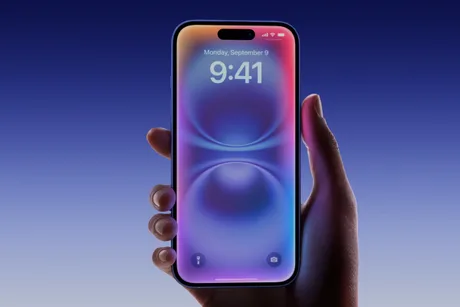 Un telefon Apple cu ecran colorat și ora afișată.
