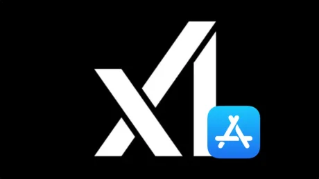 Logo-ul aplicației Grok și simbolul App Store pe fundal negru.