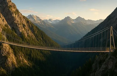 Pod suspendat impresionant peste o vale montană, înconjurat de peisaje naturale.