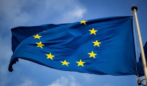 Steagul Uniunii Europene fluturând pe un fundal albastru.