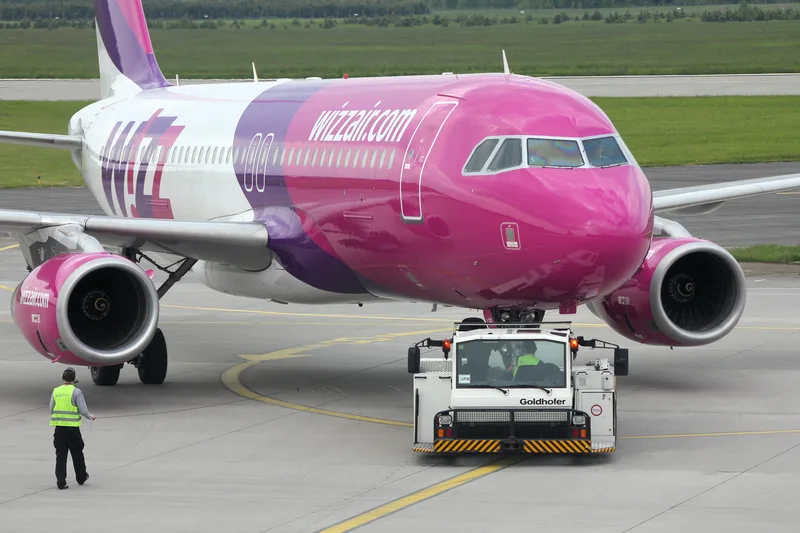 Avion Wizz Air pregătit pentru decolare pe pista aeroportului.