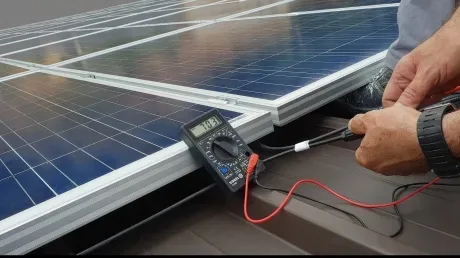 Panouri solare instalate pe o acoperiș, măsurând tensiunea.
