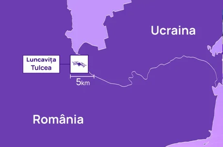 Harta zonei Luncavița, Tulcea, evidențiind distanța față de Ucraina.