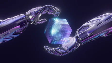 Două mâini robotice țin un cub holografic strălucitor în întuneric.