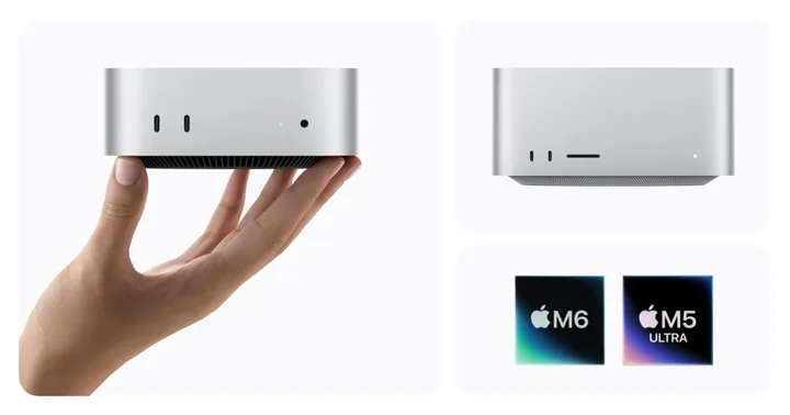 Noile Mac mini și Mac Studio cu cipuri M6 și M5 Ultra, prezentate pe un fundal alb.