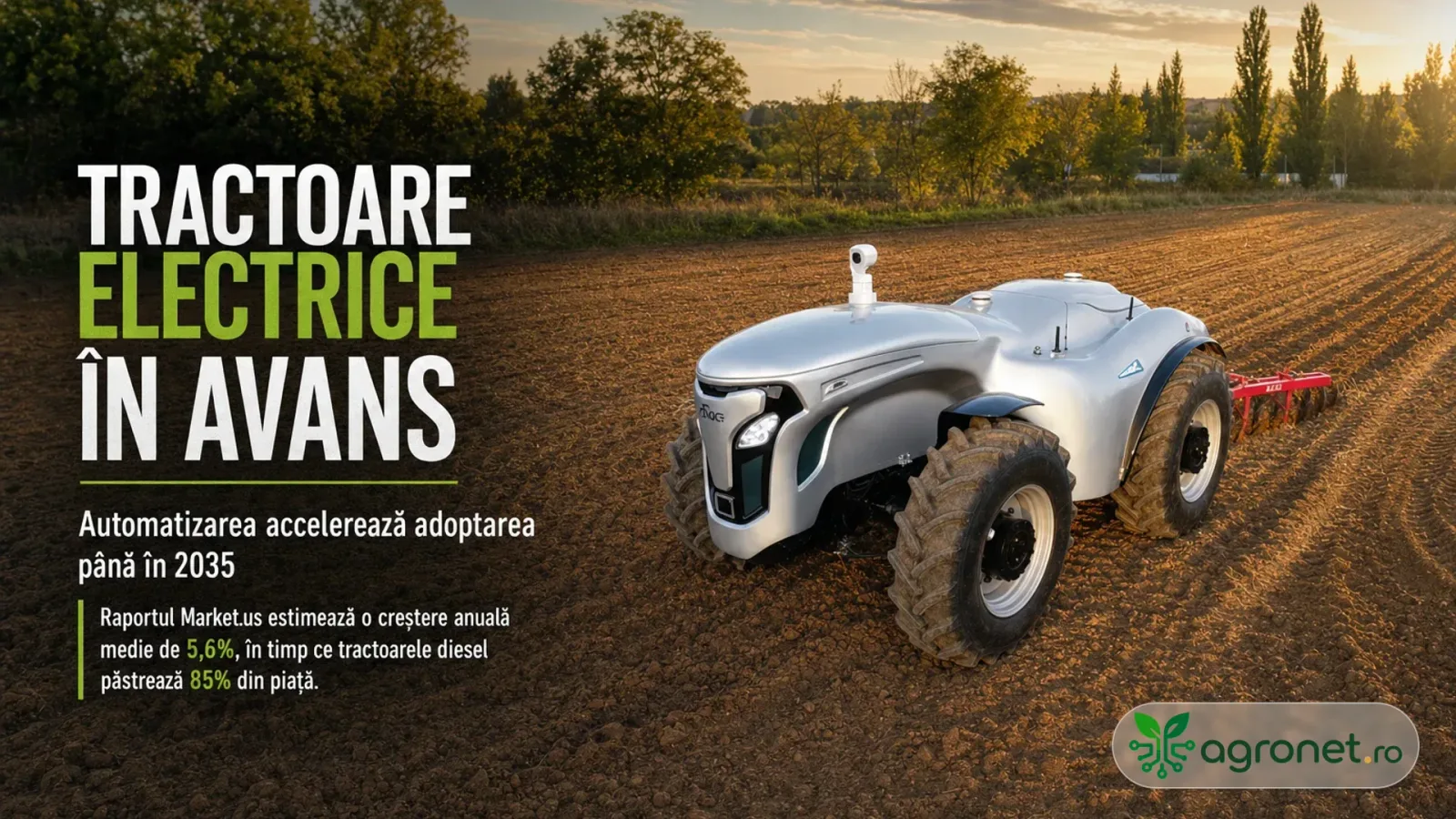 Tractor electric pe câmp, simbolizând inovația în agricultură.