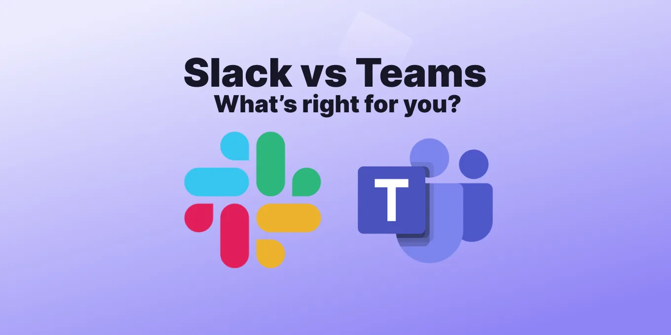 Compararea logo-urilor Slack și Teams pe un fundal violet.