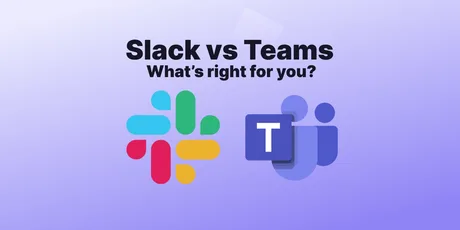 Compararea logo-urilor Slack și Teams pe un fundal violet.