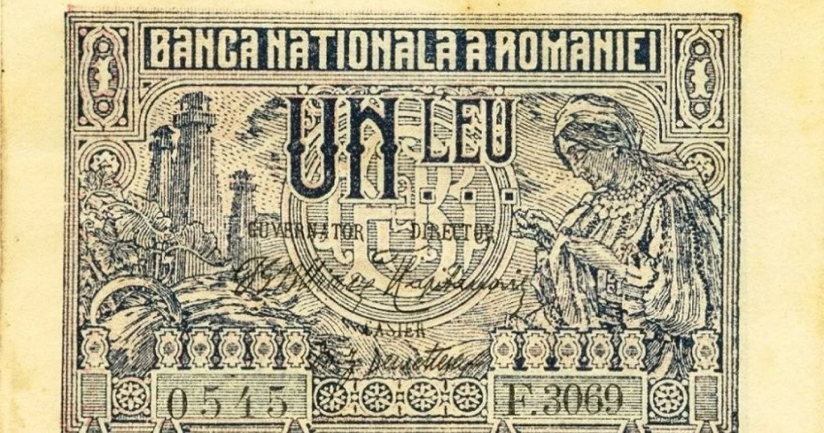 Bancnotă veche de un leu, ilustrând istoria monetară românească.