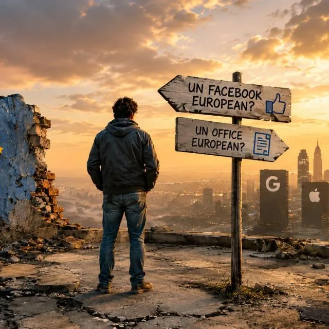 Un bărbat contemplând semnele care indică alternative europene la platformele populare.