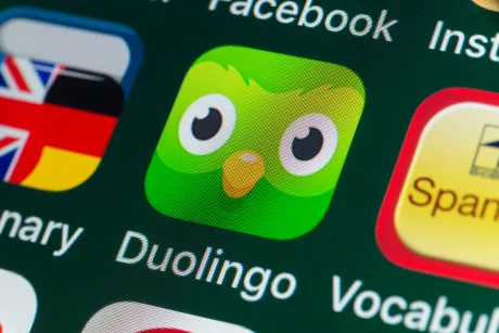 Logo-ul aplicației Duolingo pe un ecran de telefon mobil.