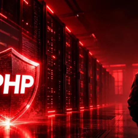 Logo PHP iluminat în roșu, cu servere în fundal întunecat.