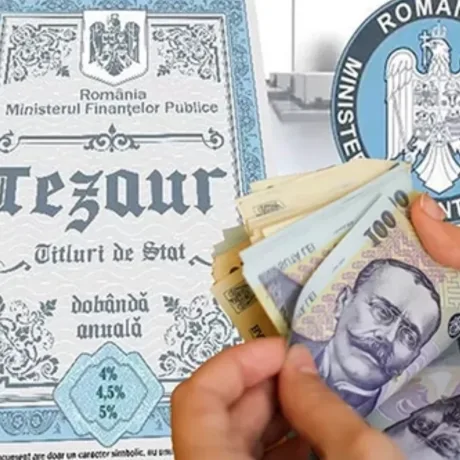 Titluri de stat Tezaur și bancnote românești în mâini.