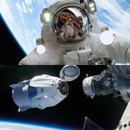 Astronaut în spațiu, cu nava spațială în fundal.