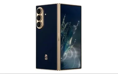 Telefon pliabil Samsung W27 cu design albastru închis și accente aurii, elegant și premium.