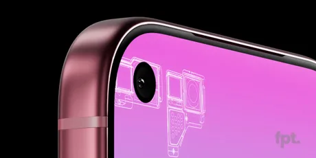 Detaliu al camerei unui iPhone cu un fundal roz vibrant.