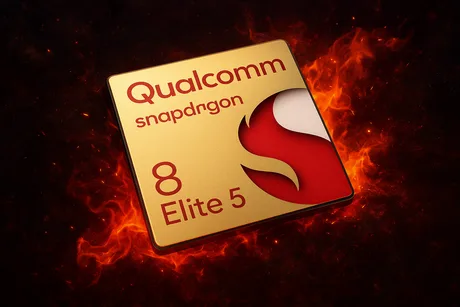 Logo Qualcomm Snapdragon 8 Elite Gen 5V pe fundal roșu și portocaliu.