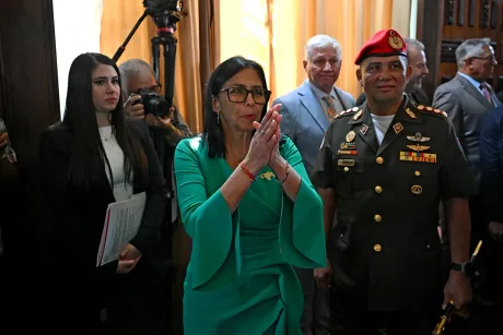 Delcy Rodríguez, președinta interimară a Venezuelei, în timpul unei conferințe de presă.