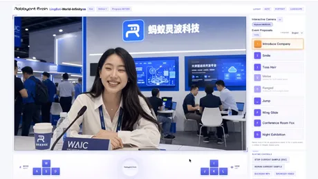 Interfața platformei LingBot-World 2.0 cu utilizator activ la un eveniment tehnologic.