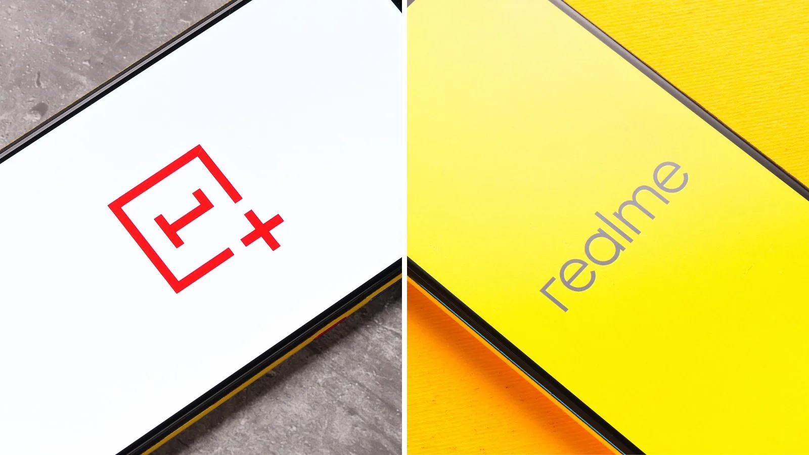 Logo-urile OnePlus și Realme pe fundaluri diferite.