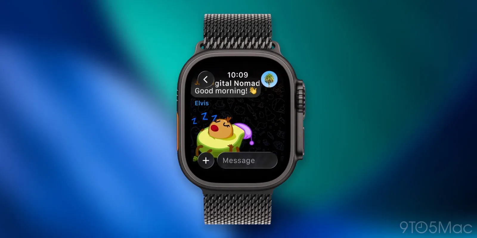 Interfața aplicației Telegram pe Apple Watch cu mesaje și GIF-uri.