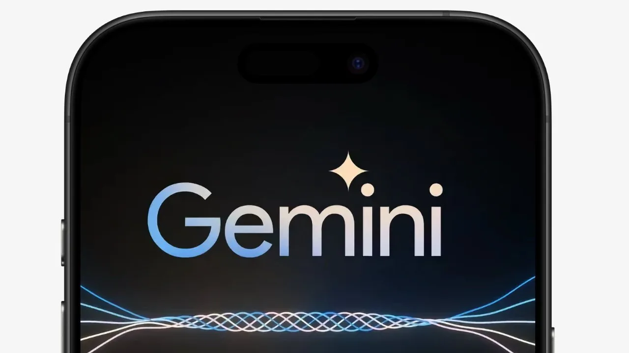 Logo-ul Gemini pe un ecran de smartphone, cu fundal întunecat și efecte luminoase.