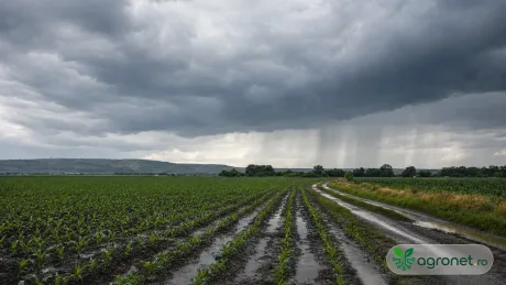 Câmp agricol afectat de nori întunecați și ploi iminente.
