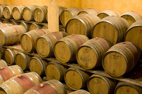 Butoaie de lemn pentru maturarea vinului într-o cramă din Toscana