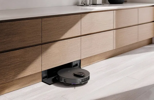 Aspiratorul robot RONi se află sub un mobilier, pregătit pentru curățare.