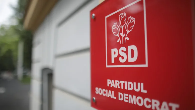 Logo-ul PSD pe un fundal roșu, simbolizând Partidul Social Democrat.