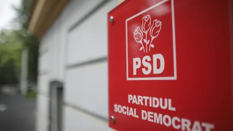 Logo-ul PSD pe un fundal roșu, simbolizând Partidul Social Democrat.