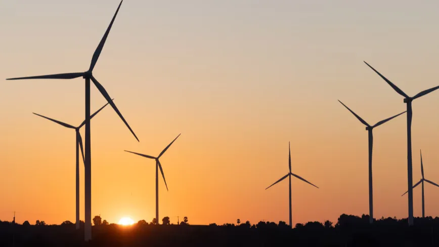 Turbine eoliene la apus, simbol al energiei regenerabile afectate de decizii guvernamentale.