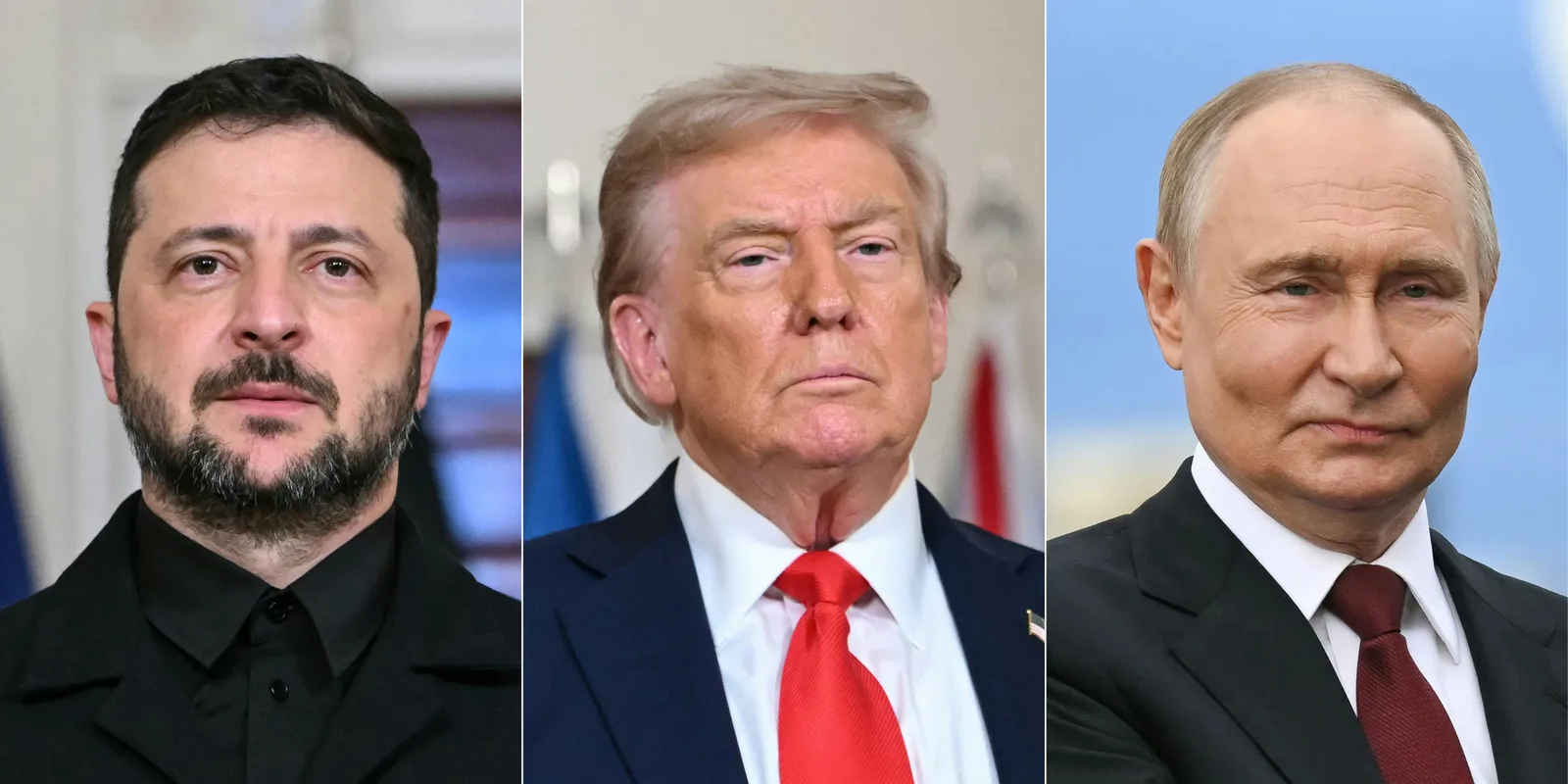 Donald Trump, Volodimir Zelenski și Vladimir Putin în contextul tensiunilor geopolitice.