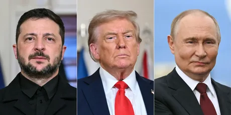 Donald Trump, Volodimir Zelenski și Vladimir Putin în contextul tensiunilor geopolitice.