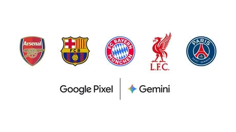 Logo-urile cluburilor de fotbal Arsenal, Barcelona, Bayern, Liverpool și PSG alături de Google Pixel și Gemini.
