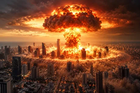 Explozie nucleară generată de AI deasupra unui oraș, simbolizând amenințări globale.