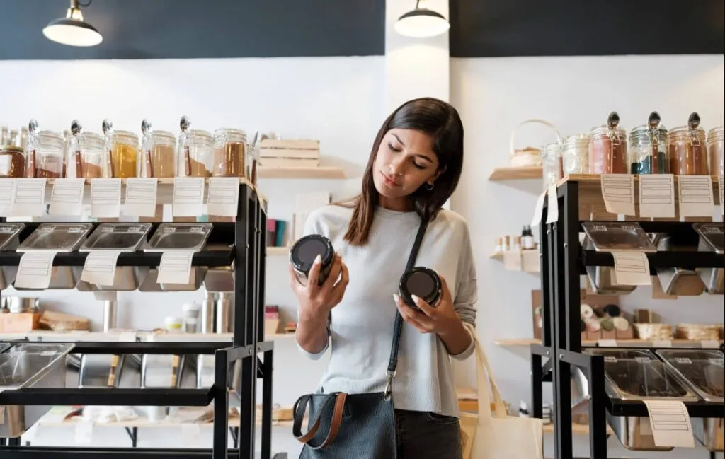 O tânără analizează produse într-un magazin modern de retail.
