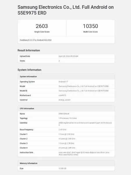 Rezultatele benchmark pentru Exynos 2700 pe Geekbench.